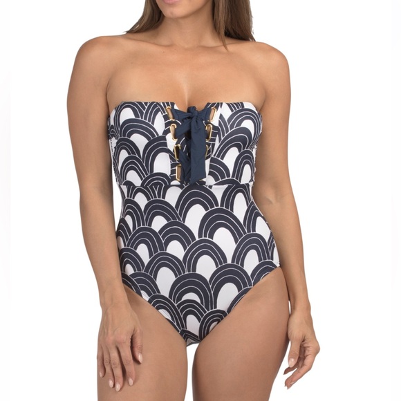 Trina Turk Blue & White One-Piece Swimsuit Strapless Swimsuit Size 12, Large NWT - Picture 2 of 7